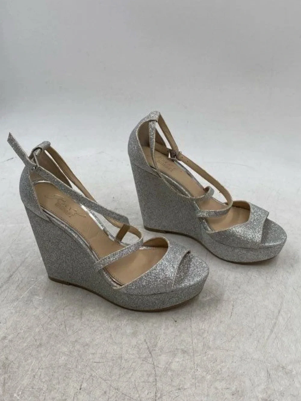 Jewel by Badgley Mischka Silver Glitter Wedge Sandals